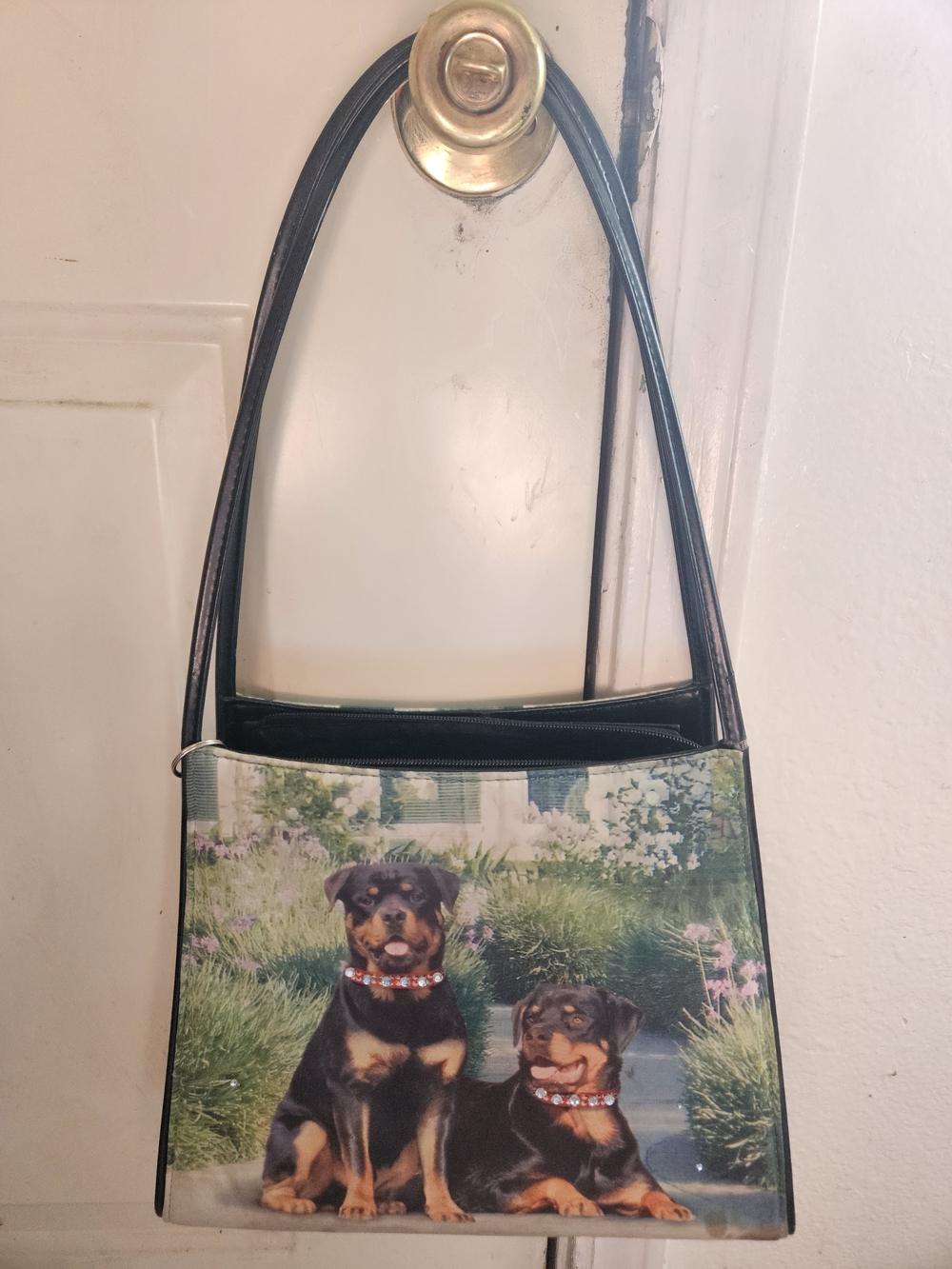 Source Unknown Black Shoulder Bag with Colorful Rottweiler Print